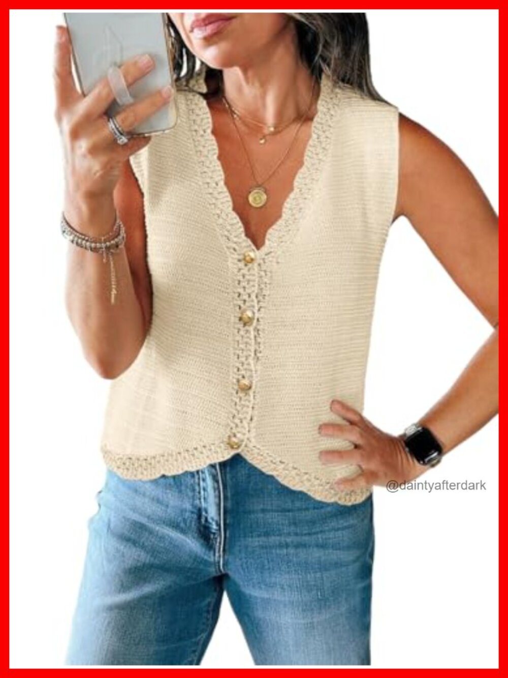 Crochet Knit Sweater Vest Button Down V Neck Sleeveless Tank Top